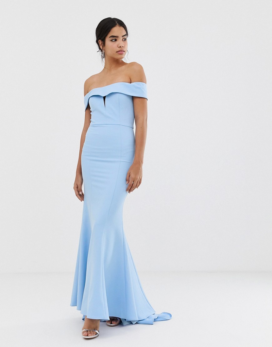 Jarlo - Lange bardot-jurk met uitlopende onderkant in blauw