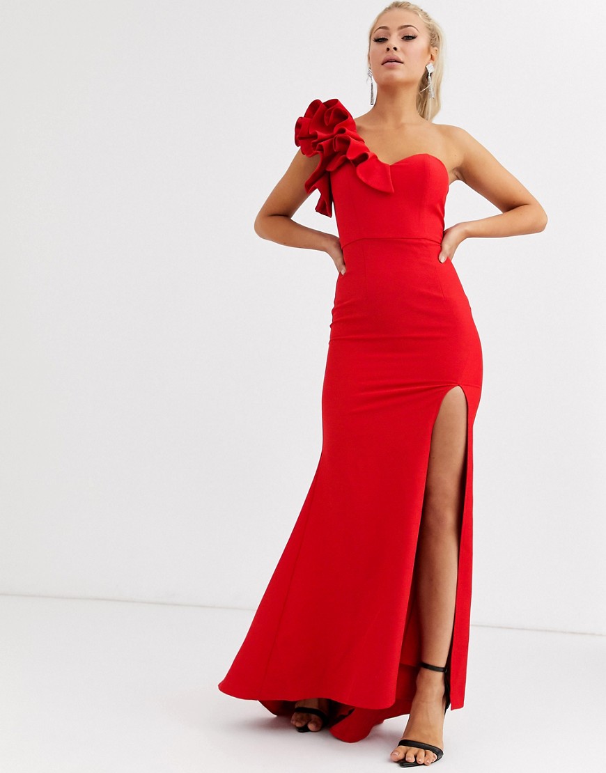Jarlo - Lange jurk met blote schouder en ruches in rood