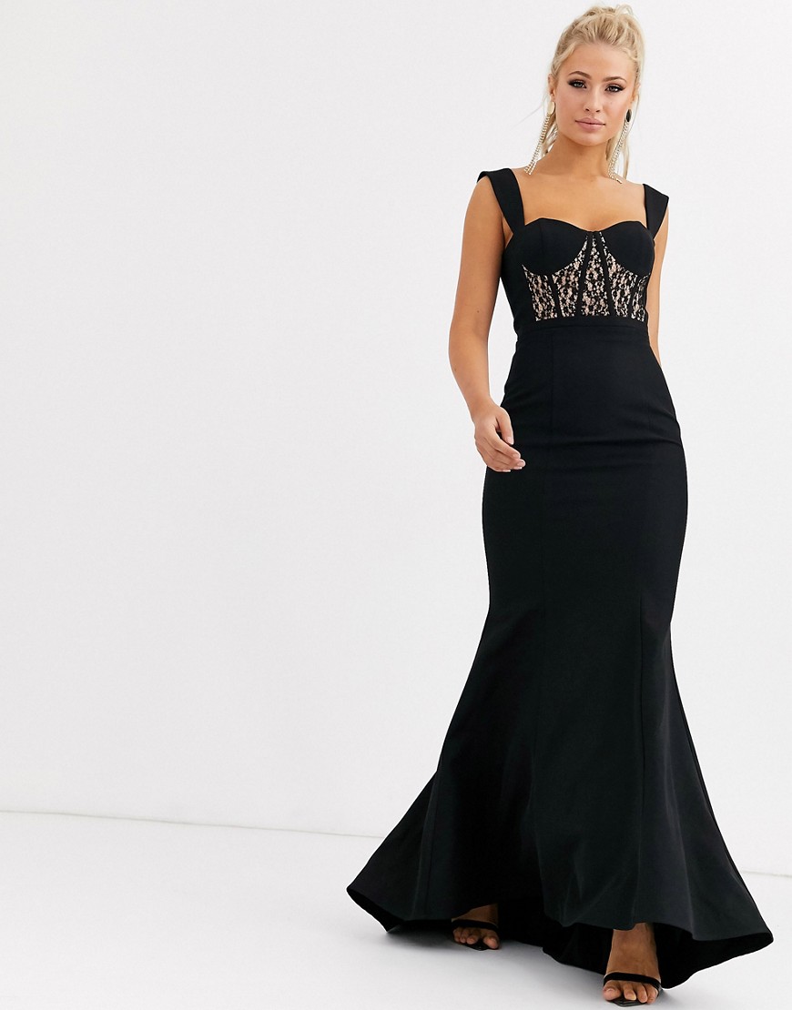 Jarlo - Lange jurk met bustier en kant in zwart
