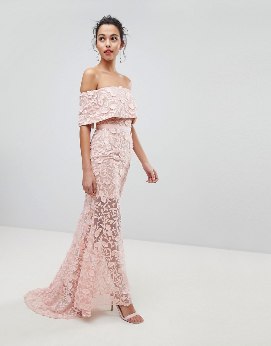 Jarlo - Lange kanten jurk met bardot-halslijn en borduursel-Roze