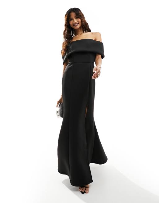 Jarlo Lange rechte jurk met bardot hals en fishtail rok in zwart ASOS