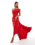 [Jarlo] Jarlo off the shoulder midi dress with train detail in red 6 RED