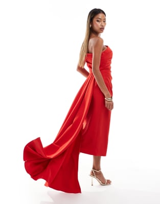 Jarlo Off-the-shoulder Midi Dress With Train Detail In Red
