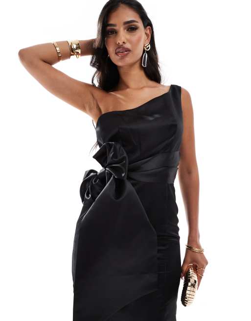 Jarlo one shoulder maxi dress with side bow detail in black ASOS