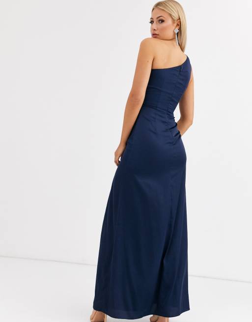 Jarlo – One-Shoulder-Maxikleid aus Satin mit Schlitz in Navy, 2 von 4