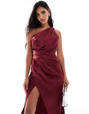 Jarlo one shoulder side train maxi dress in burgundy