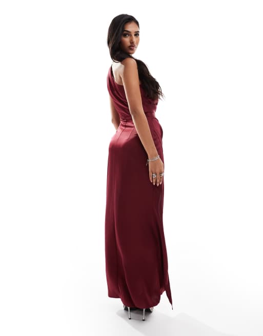 Jarlo one shoulder side train maxi dress in burgundy ASOS