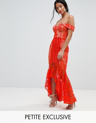 red bardot fishtail midi dress