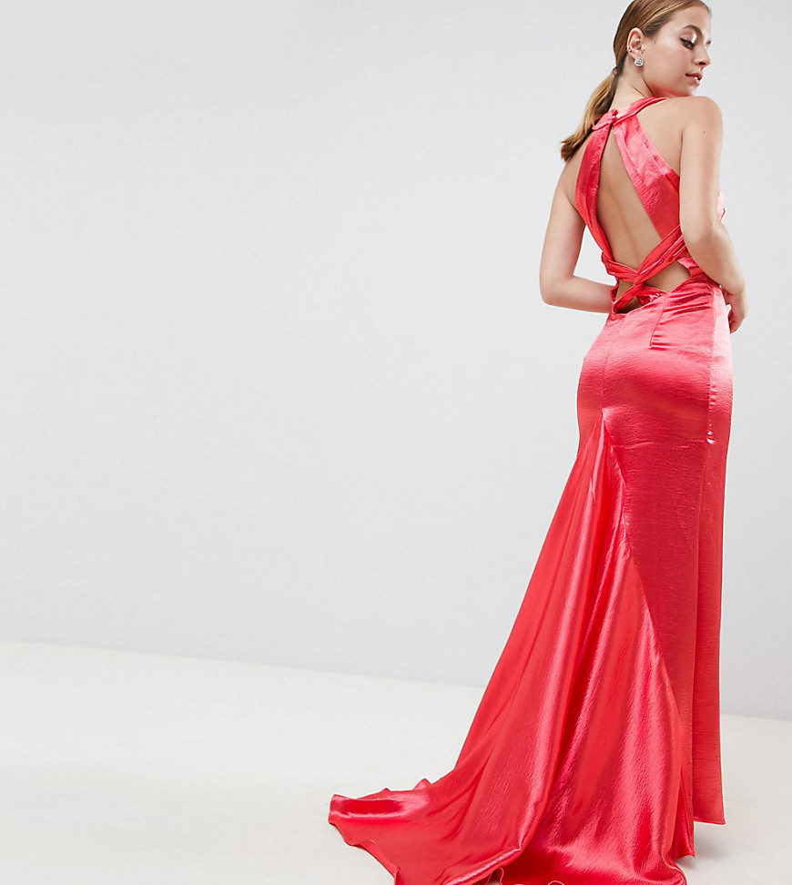 Jarlo Petite - Hoogaansluitende lange jurk met bandjes op de laaguitgesneden achterkant-Rood