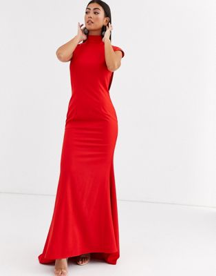 red cowl back dress