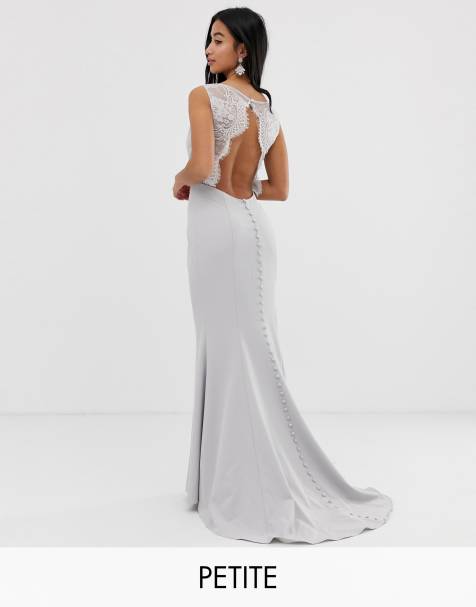 Jarlo Petite maxi dress with lace open back and train in silver grey