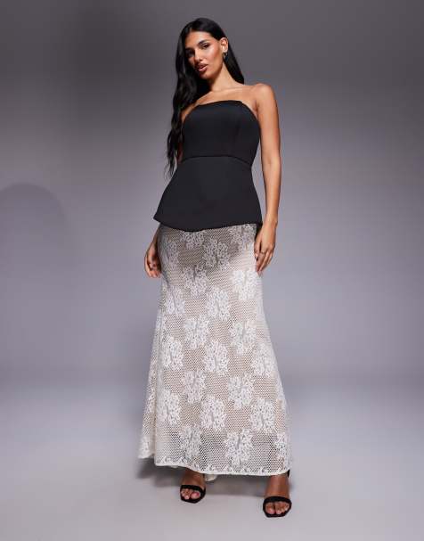Jarlo Pip structured bandeau maxi dress with contrast lace skirt in black and white