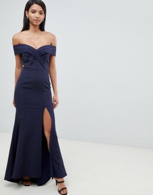 navy off the shoulder maxi dress