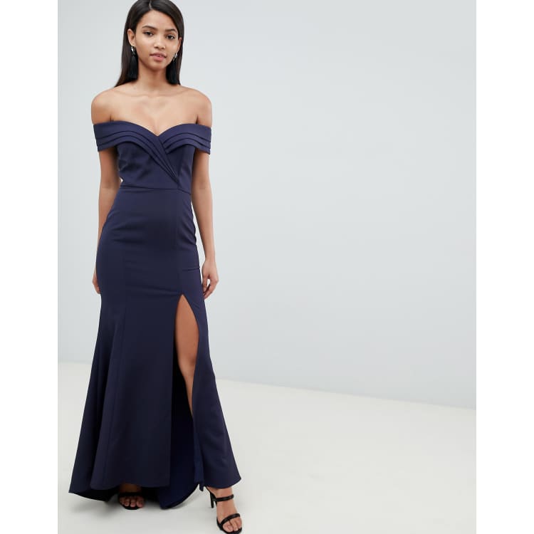 Jarlo pleated off shoulder bardot maxi dress in navy ASOS