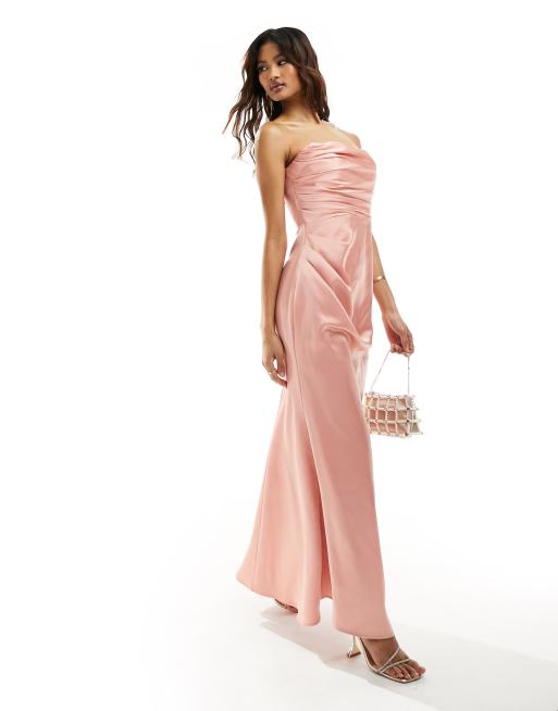 Jarlo - Robe bandeau longue structurée en satin - Pêche