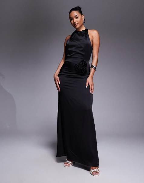 Jarlo satin halterneck open back corsage detail maxi dress in black - view 1