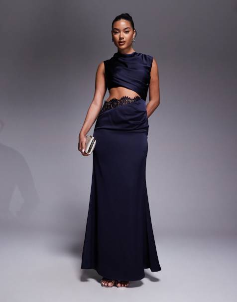 Jarlo satin maxi dress with cutout lace detail in navy - view 1