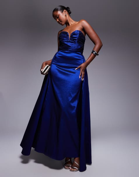 Jarlo satin structured bardot plunge neck skirt overlay maxi dress in cobalt blue
