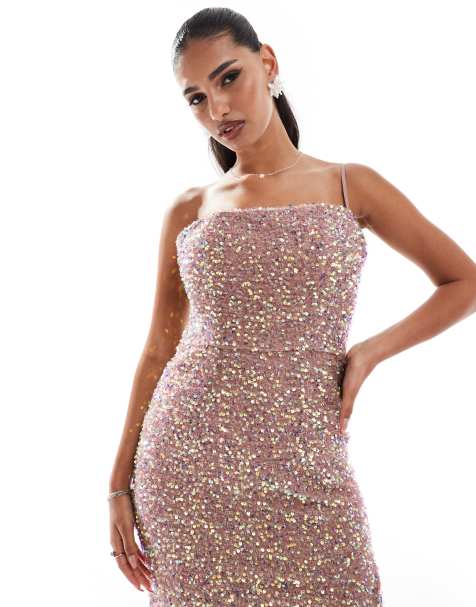Jarlo sequin slit maxi dress in rose gold - view 1