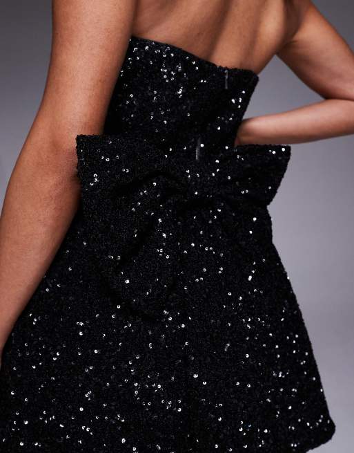 Jarlo sequin structured mini dress with bow back in black, 3 of 4