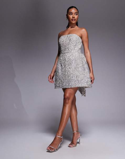 Jarlo sequin structured mini dress with bow back in silver - view 1
