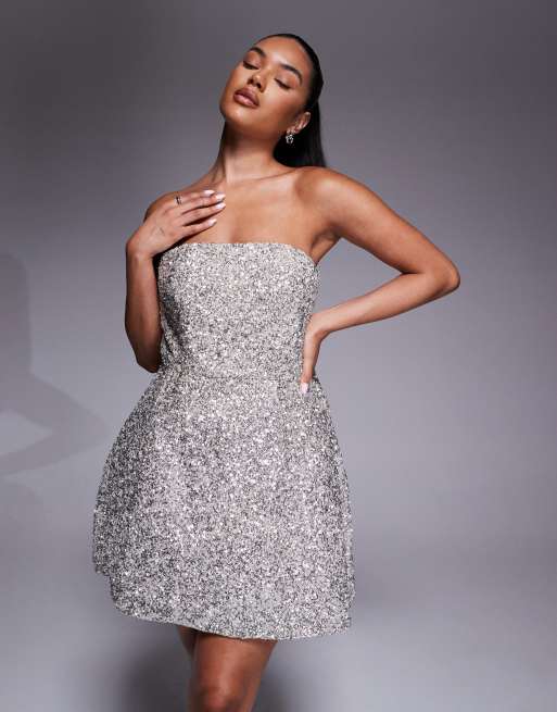 Jarlo Sequin Structured Mini Dress with Bow Back in Silver