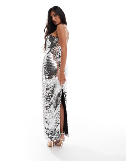 Jarlo spaghetti strap sequin maxi dress in silver , 3 of 4