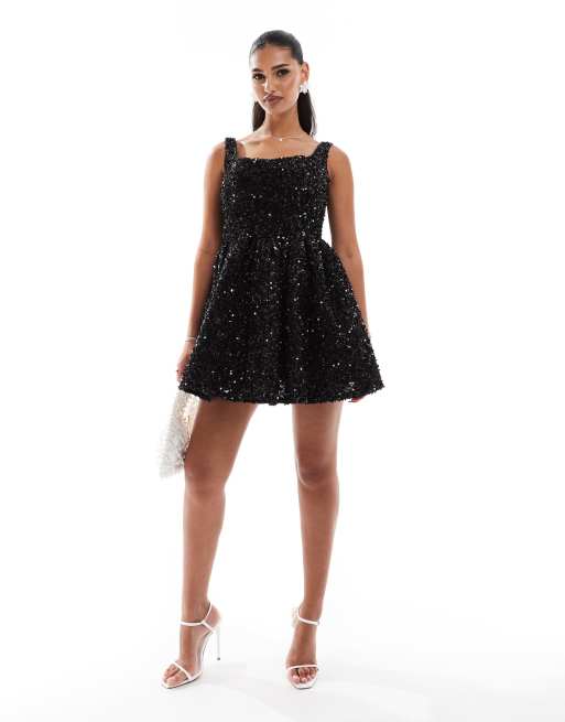 Jarlo square neck a line sequin mini dress in black