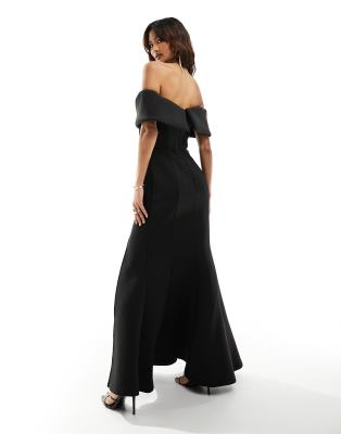 Jarlo straight bardot gown with fishtail skirt in black ASOS