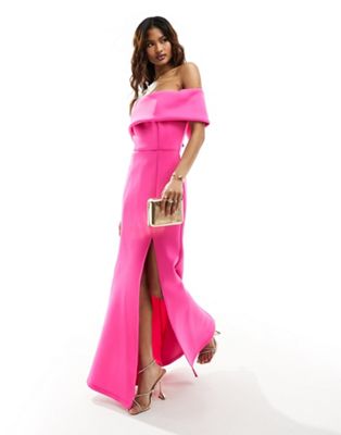 straight bardot gown with fishtail skirt in pink