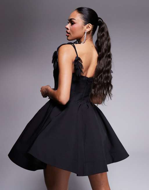Jarlo structured a-line mini dress with 3d strap detail in black