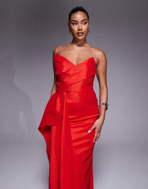 Jarlo structured satin midaxi dress with drape detail in red - view 1