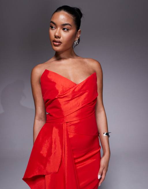 Jarlo structured satin midaxi dress with drape detail in red, 4 of 4