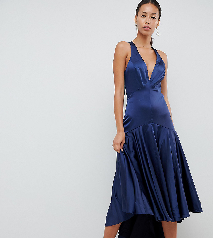 Jarlo Tall Geplooide midi-jurk met verlaagde zoom en kruisbanden op rug-Marineblauw