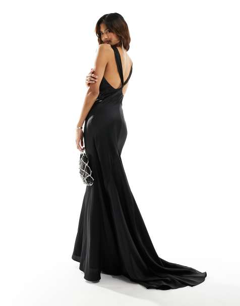 Jarlo v back satin maxi dress with fishtail in black 