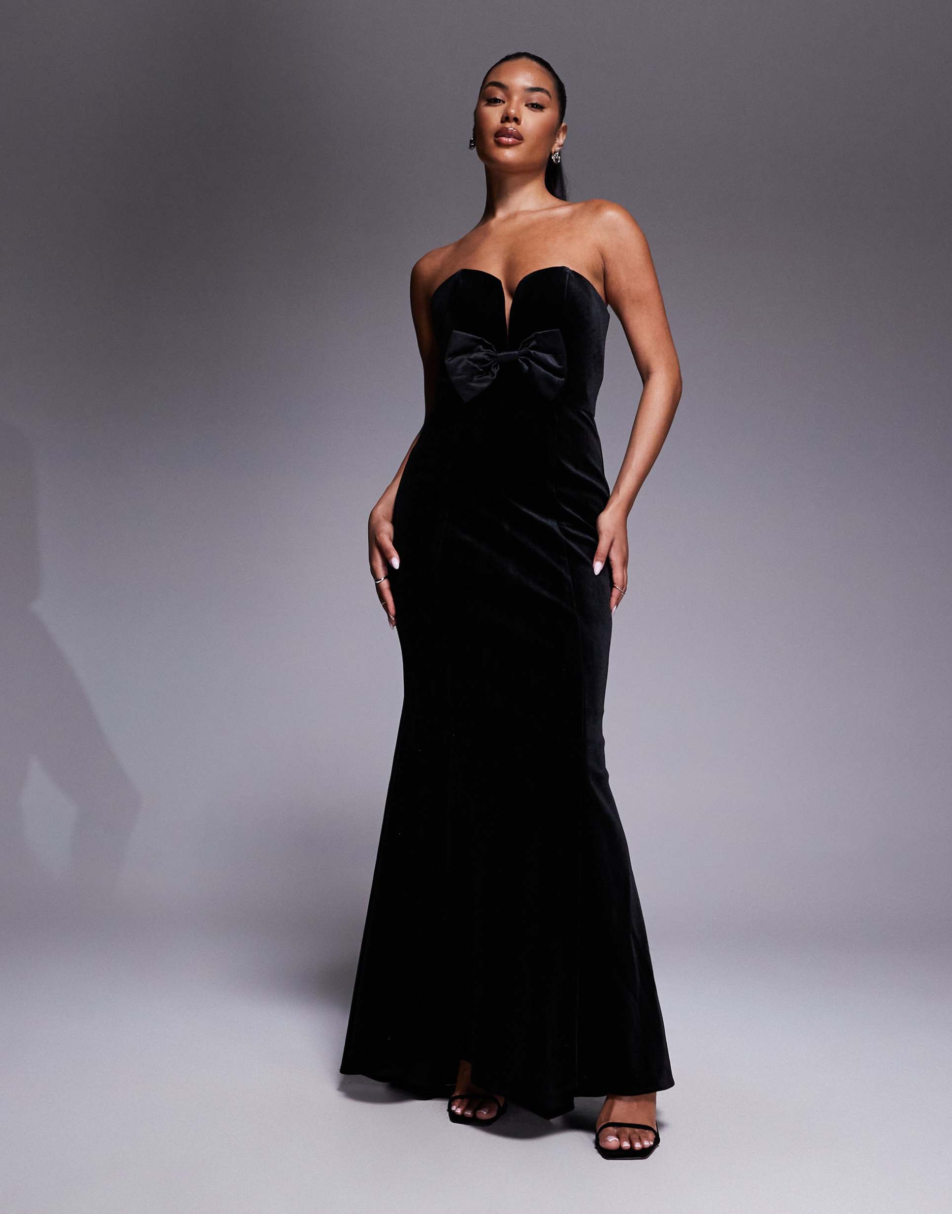 jarlo velvet bandeau maxi dress with bow front in black