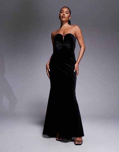 Jarlo velvet bandeau maxi dress with bow front in black