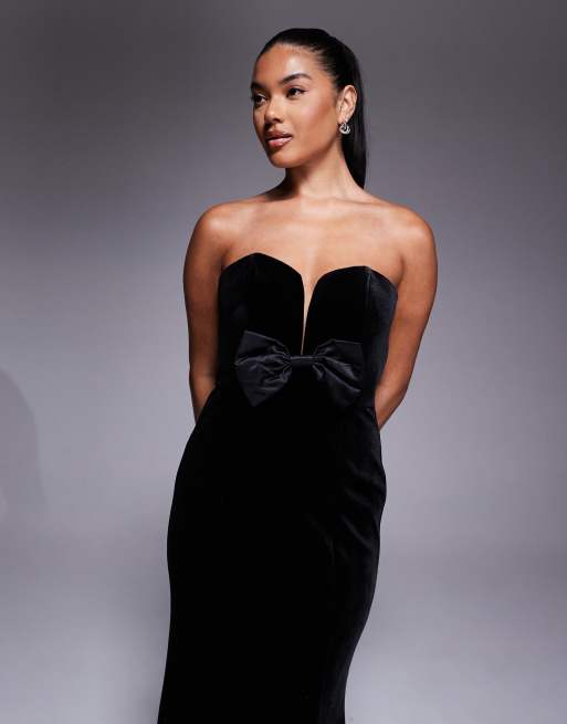 Jarlo velvet bandeau maxi dress with bow front in Black