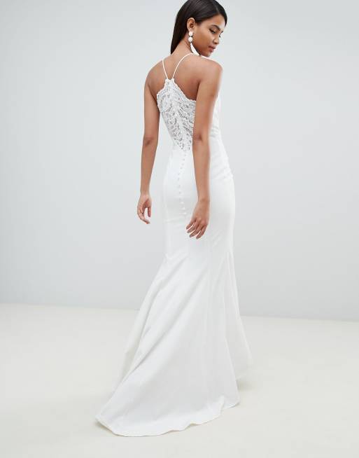 Jarlo - Vestito lungo a sirena bianco con spalline sottili e pizzo e bottoni sul retro