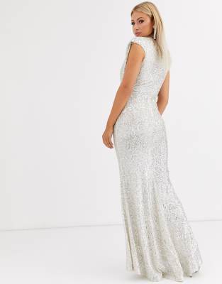 Jarlo wrap front sequin gown in silver 