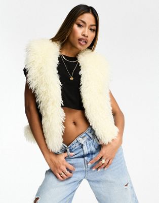 Jayely faux leather shaggy trim gilet in black and cream