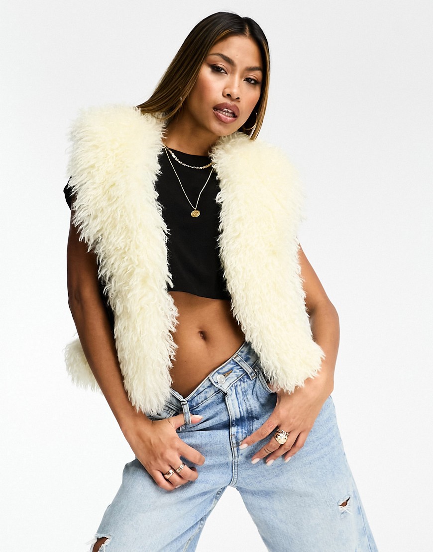 Jayely faux leather shaggy trim gilet in black and cream-Multi