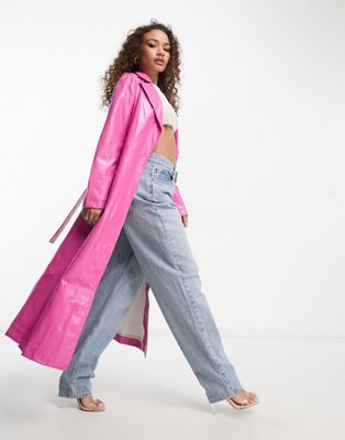 Jayely faux suede trench coat in bright pink