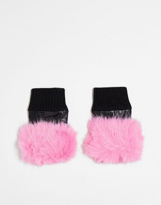 Jayely leather faux fur trim fingerless gloves in black / bubblegum pink