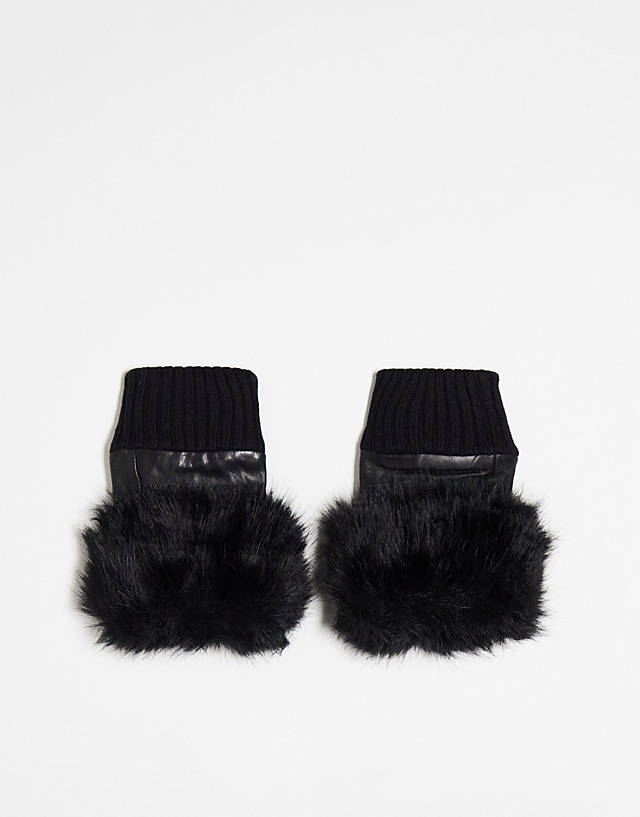 Jayley - Jayely leather faux fur trim fingerless gloves in black