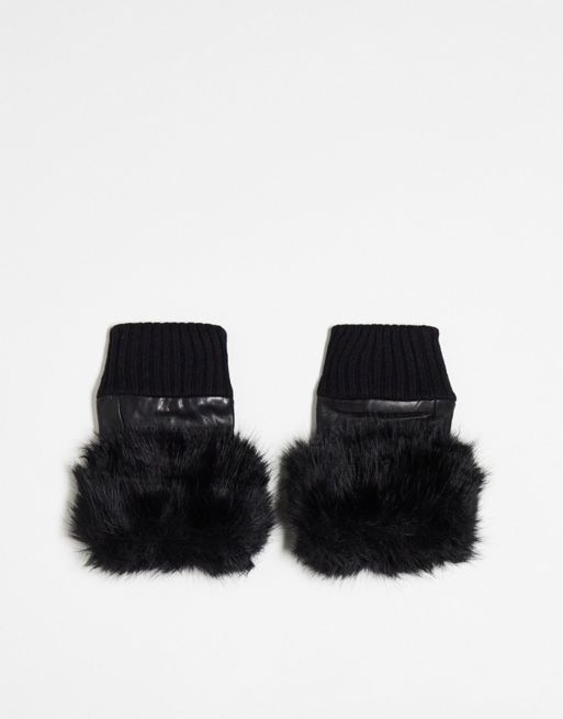 Jayely leather faux fur trim fingerless gloves in black