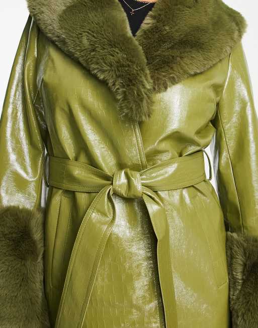 Jayley - Cappotto midi allacciato in vita con bordo in ecopelliccia verde, 3 di 4