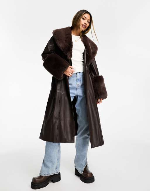 Jayley - Cappotto midi allacciato in vita in pelle sintetica marrone cioccolato con finiture