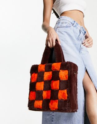 Jayley faux fur check structured tote bag in brown and orange