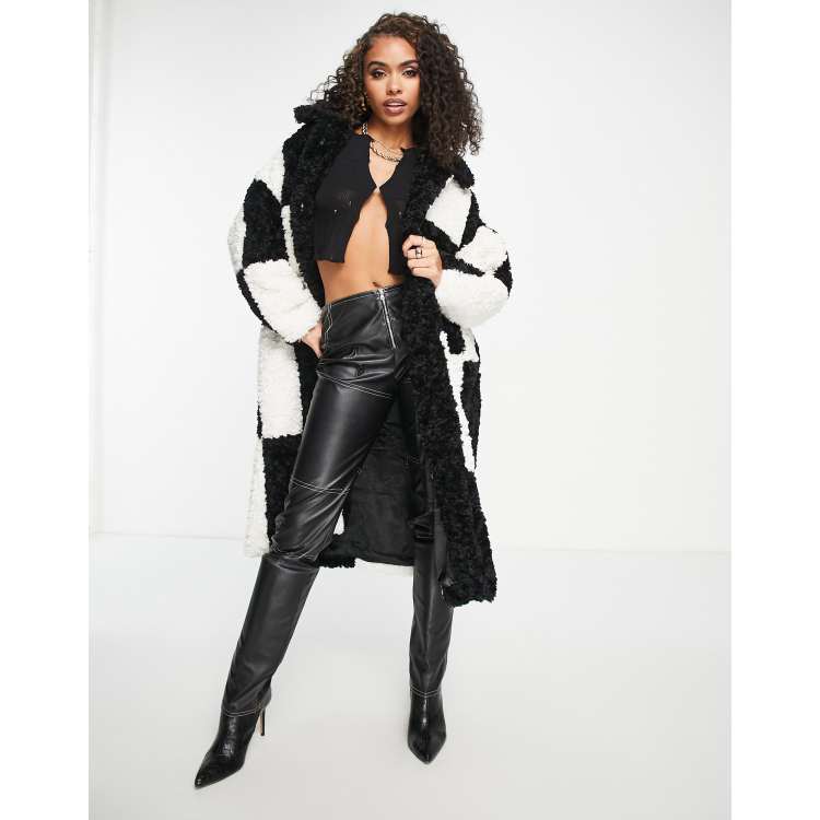 Jayley color block check shearling midi coat in mono | ASOS